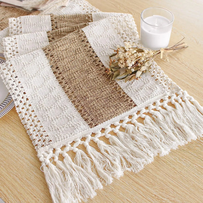 Boho Farmhouse Linen Macrame Table Runner