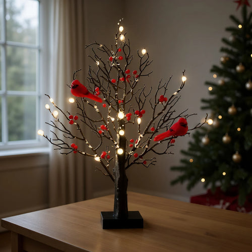 Mini Artificial Birch Tree with Red Berries & Birds