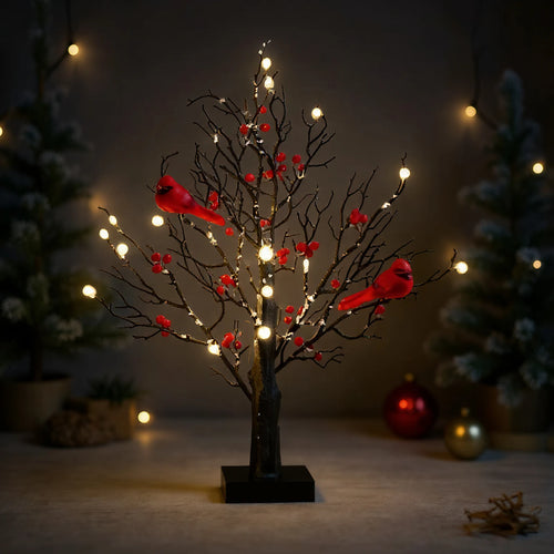 Mini Artificial Birch Tree with Red Berries & Birds