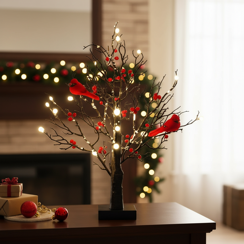 Mini Artificial Birch Tree with Red Berries & Birds