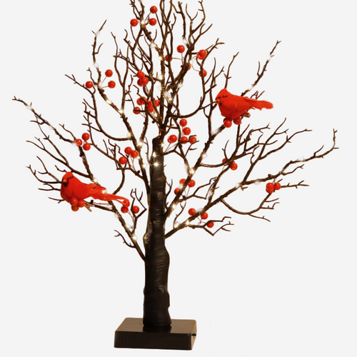Mini Artificial Birch Tree with Red Berries & Birds