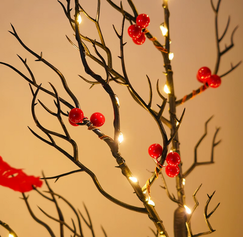 Mini Artificial Birch Tree with Red Berries & Birds