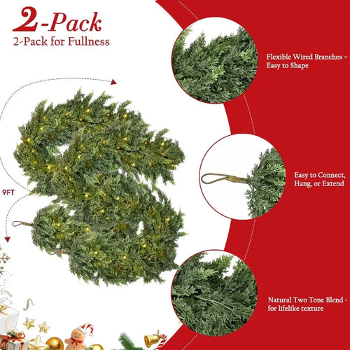 Green Faux Pine 9 ft Lit Christmas Tree Garland - 2Pcs