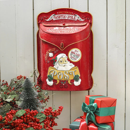 Vintage Wall-Mounted Santa Tin Christmas Mailbox