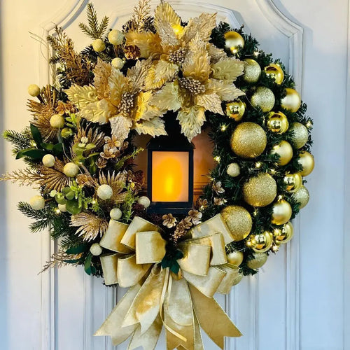 Golden/Red Pre-Lit Holiday Wreath with Lantern