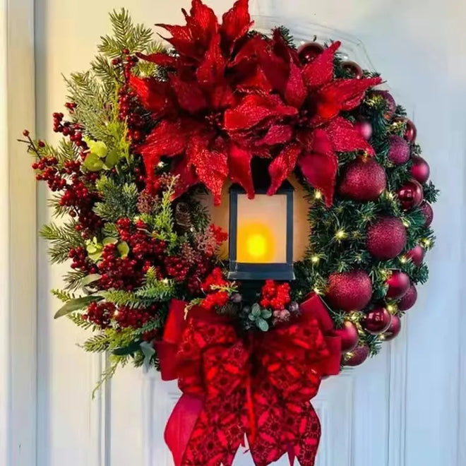 Golden/Red Pre-Lit Holiday Wreath with Lantern