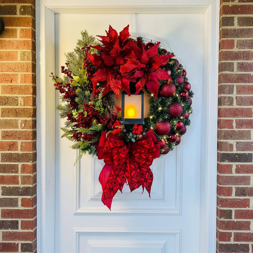Golden/Red Pre-Lit Holiday Wreath with Lantern