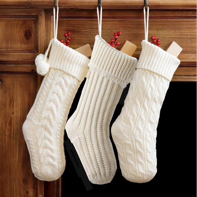 Rustic Cable Knit Fireplace Holiday Stockings Set