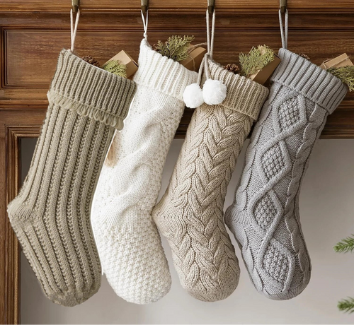Rustic Cable Knit Fireplace Holiday Stockings Set
