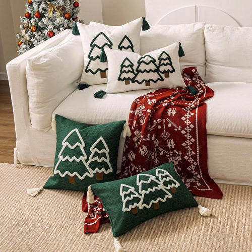 Green Christmas Tree Tweed Throw Pillow Cover Set of 2