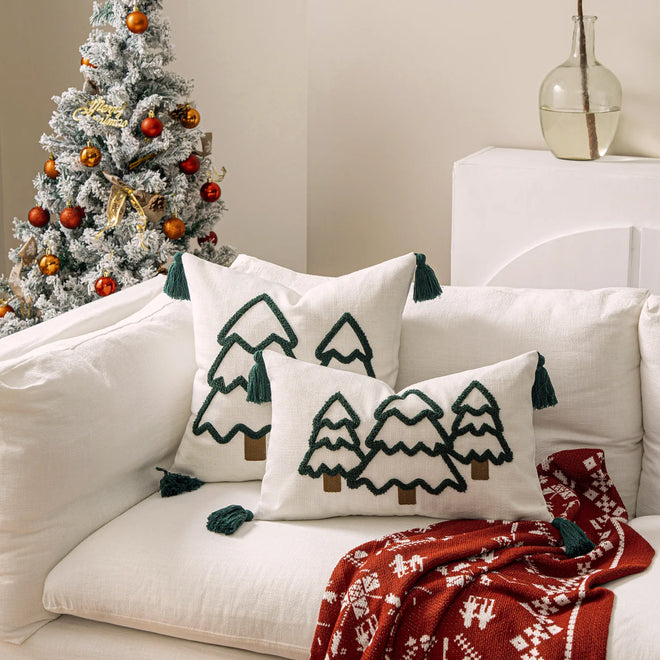 Green Christmas Tree Tweed Throw Pillow Cover Set of 2