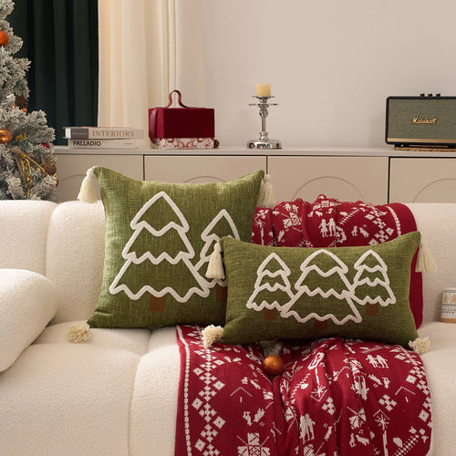 Green Christmas Tree Tweed Throw Pillow Cover Set of 2