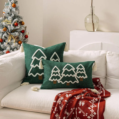 Green Christmas Tree Tweed Throw Pillow Cover Set of 2