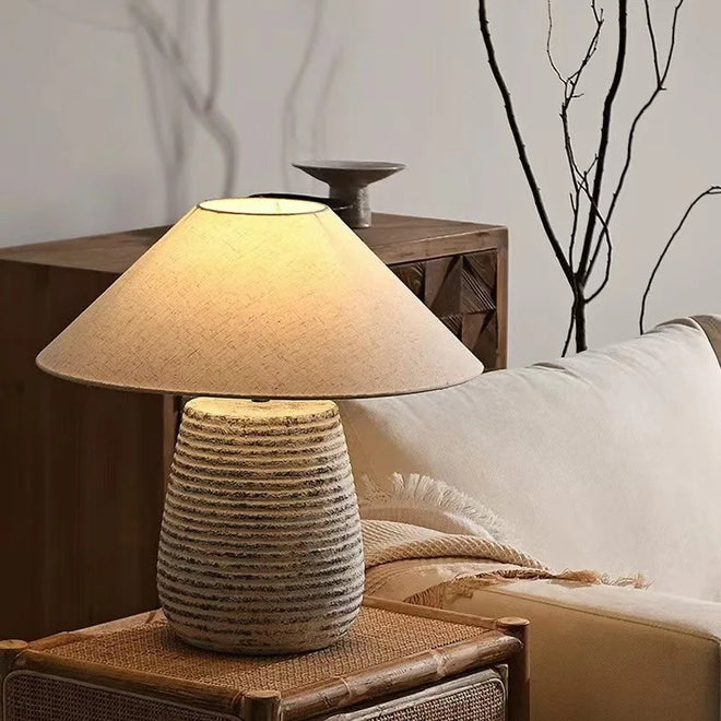 Rustic metal ceramic pottery table lamp with fabric shade, remote control dimming, by The Finishing Touch Decor.
