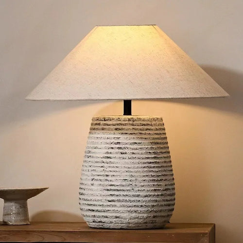 Rustic metal ceramic pottery table lamp with fabric shade, remote control dimming, from The Finishing Touch Decor.