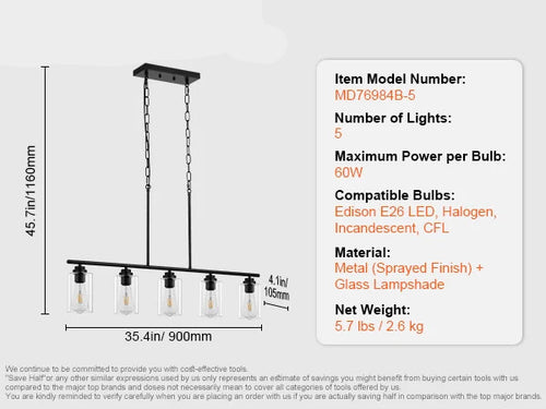 Clear Glass 5-Bulb Metal Chain Island Pendant Lighting - The Finishing Touch Decor