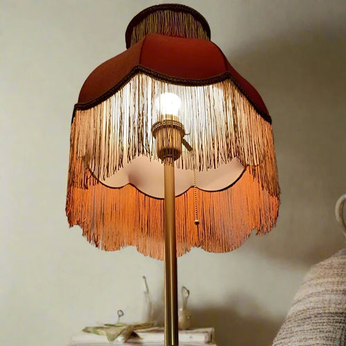 Retro Italian Style Caramel Velvet Handmade Lampshade with Tassels - The Finishing Touch Decor