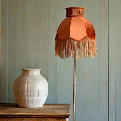 Vintage Italian style caramel velvet lampshade with tassels, handmade lighting decor by The Finishing Touch Decor, 35x27x16cm