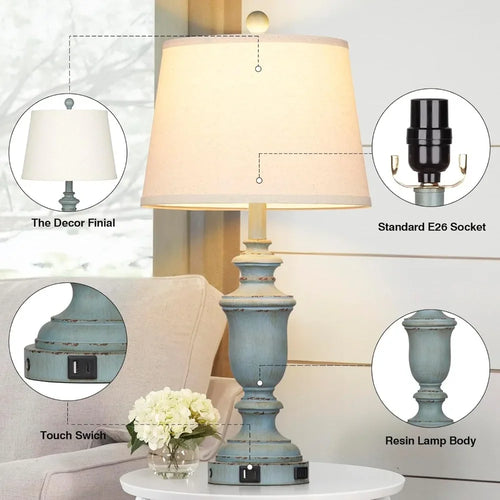Customizable-25.6" Coastal Table Lamps Set Of 2 With USB C+A Ports & AC Outlet For Rustic Living Room Retro Bedroom,3-Way Dimmab