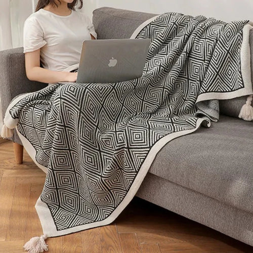 Tasseled Nordic Style Geometric Print Sofa Throw Blanket - The Finishing Touch Decor