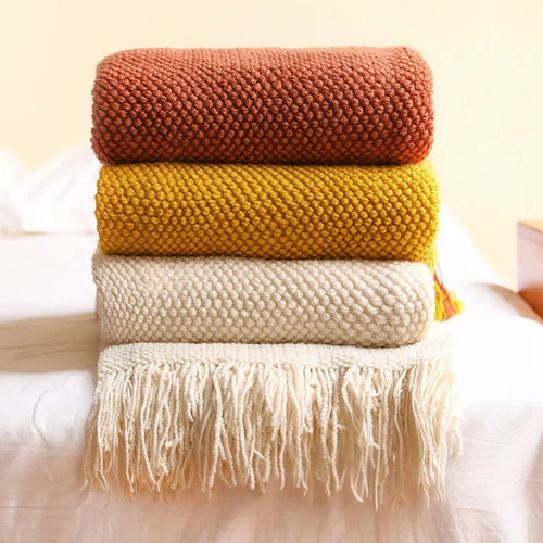 Waffle Embossed Knit Fringed Throw Blanket Bedspread - The Finishing Touch Decor