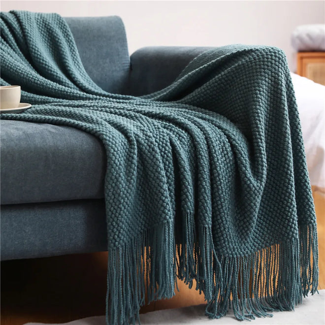 Waffle Embossed Knit Fringed Throw Blanket Bedspread - The Finishing Touch Decor