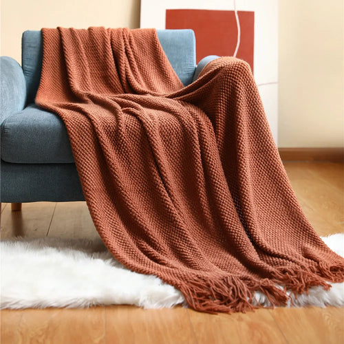 Waffle Embossed Knit Fringed Throw Blanket Bedspread - The Finishing Touch Decor