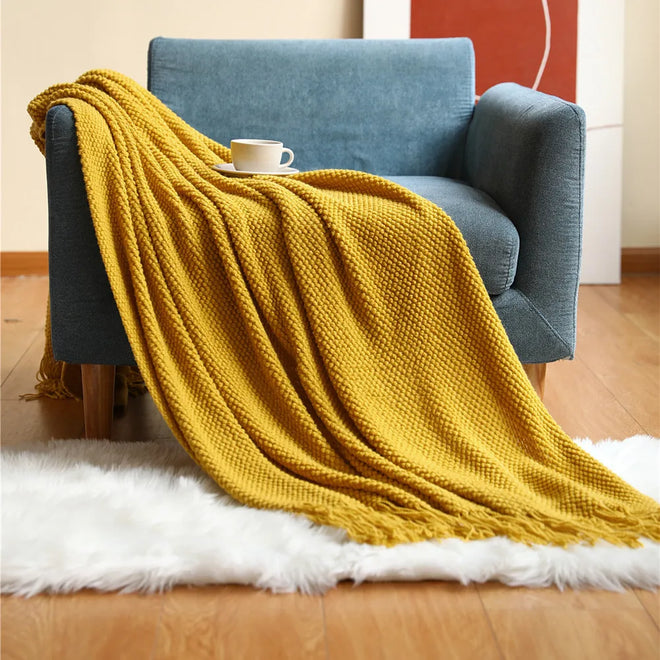 Waffle Embossed Knit Fringed Throw Blanket Bedspread - The Finishing Touch Decor