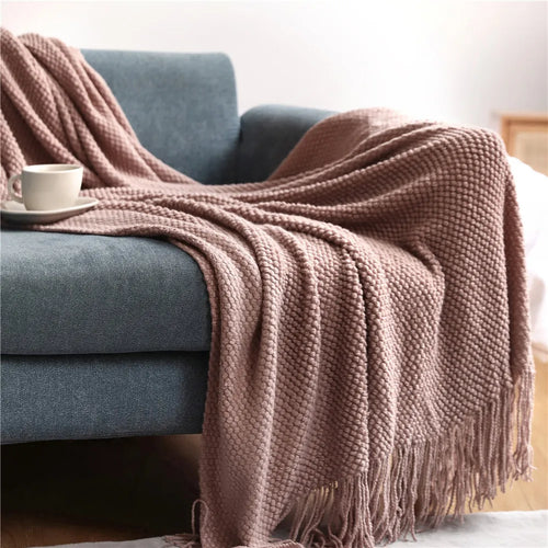 Waffle Embossed Knit Fringed Throw Blanket Bedspread - The Finishing Touch Decor