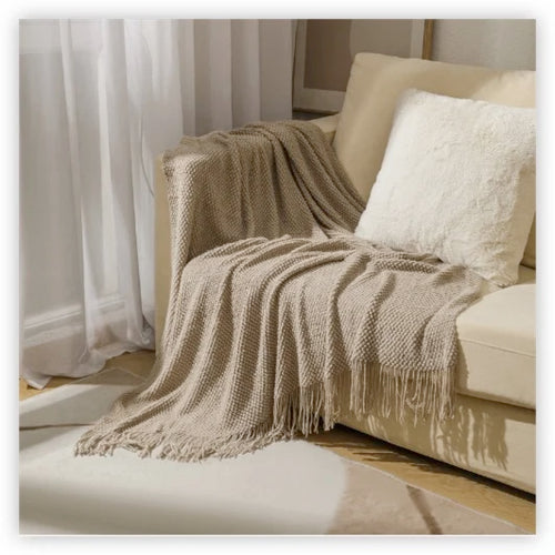 Waffle Embossed Knit Fringed Throw Blanket Bedspread - The Finishing Touch Decor