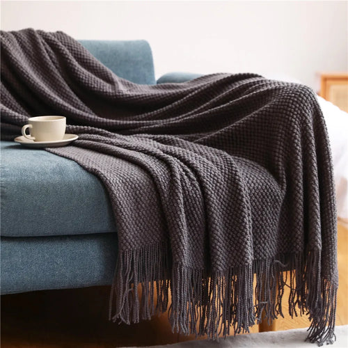 Waffle Embossed Knit Fringed Throw Blanket Bedspread - The Finishing Touch Decor
