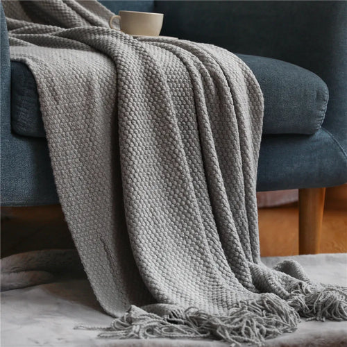 Waffle Embossed Knit Fringed Throw Blanket Bedspread - The Finishing Touch Decor