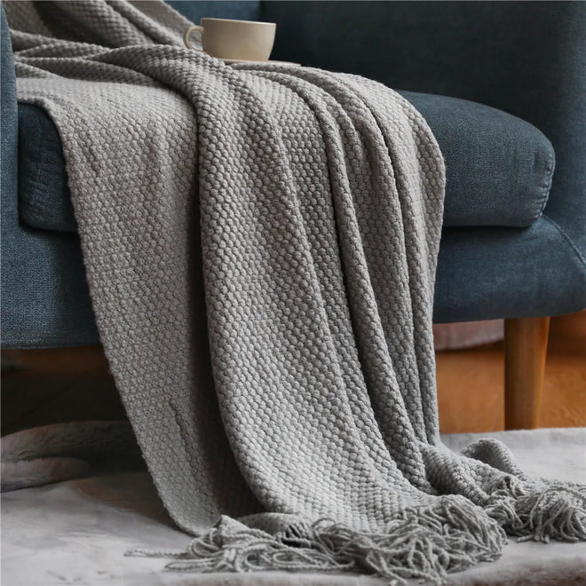 Waffle Embossed Knit Fringed Throw Blanket Bedspread - The Finishing Touch Decor