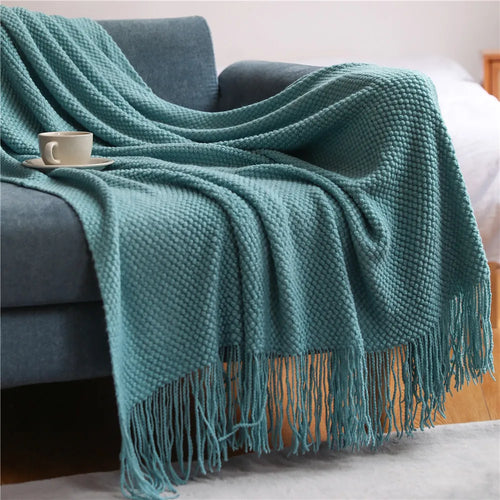 Waffle Embossed Knit Fringed Throw Blanket Bedspread - The Finishing Touch Decor