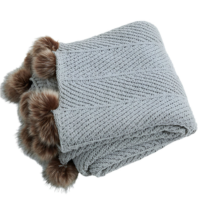 Chunky Knit Faux Fur Pompom Chenille Throw Blanket - The Finishing Touch Decor
