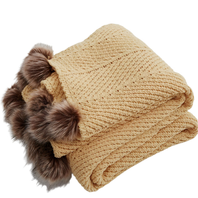 Chunky Knit Faux Fur Pompom Chenille Throw Blanket - The Finishing Touch Decor