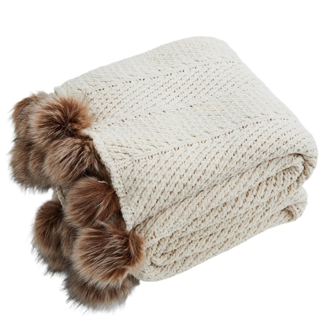 Chunky Knit Faux Fur Pompom Chenille Throw Blanket - The Finishing Touch Decor