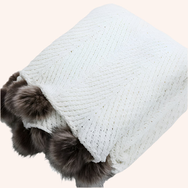 Chunky Knit Faux Fur Pompom Chenille Throw Blanket - The Finishing Touch Decor