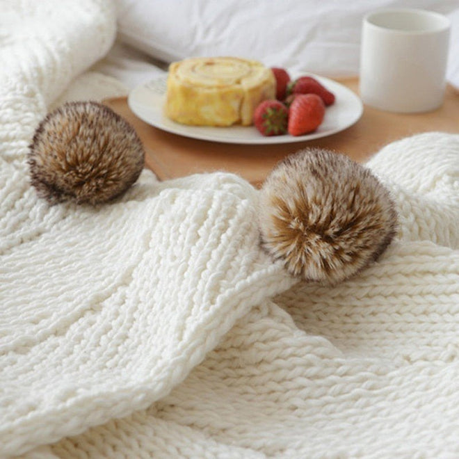 Chunky Knit Faux Fur Pompom Chenille Throw Blanket - The Finishing Touch Decor
