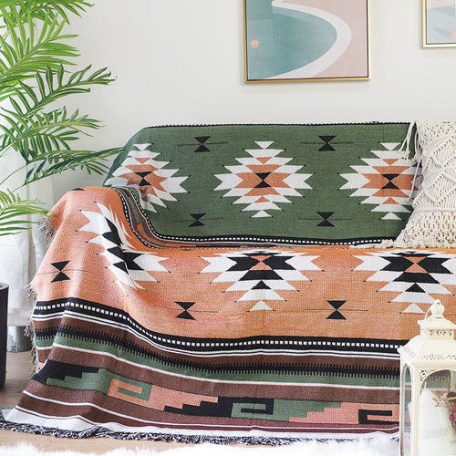 Large colorful boho ethnic throw blanket by The Finishing Touch Decor, LLC, featuring vibrant patterns and bold bohemian design.