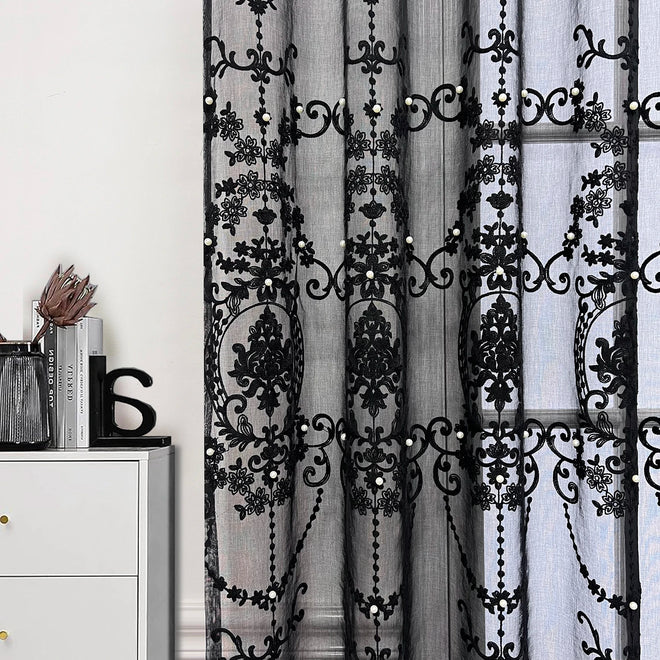 Lace Pearl French Embroidery Black Sheer Window Curtains - The Finishing Touch Decor