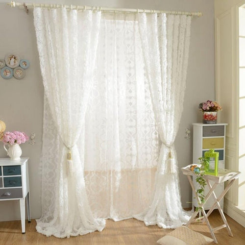 Rose Adorned Voile Sheer White Window Curtains - The Finishing Touch Decor