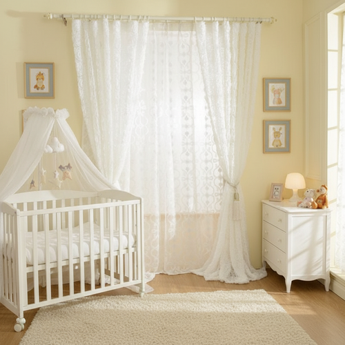 Rideaux de fenêtre français en fil de gaze blanc transparent, Voile Rose brodé