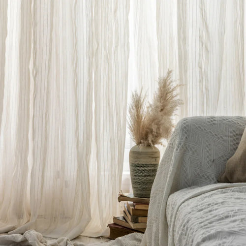 Flowing Sheer White Hemp Cotton Linen Striped Curtains - The Finishing Touch Decor
