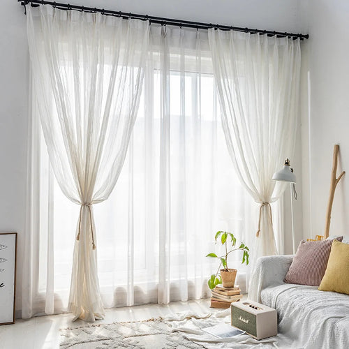 Flowing Sheer White Hemp Cotton Linen Striped Curtains - The Finishing Touch Decor