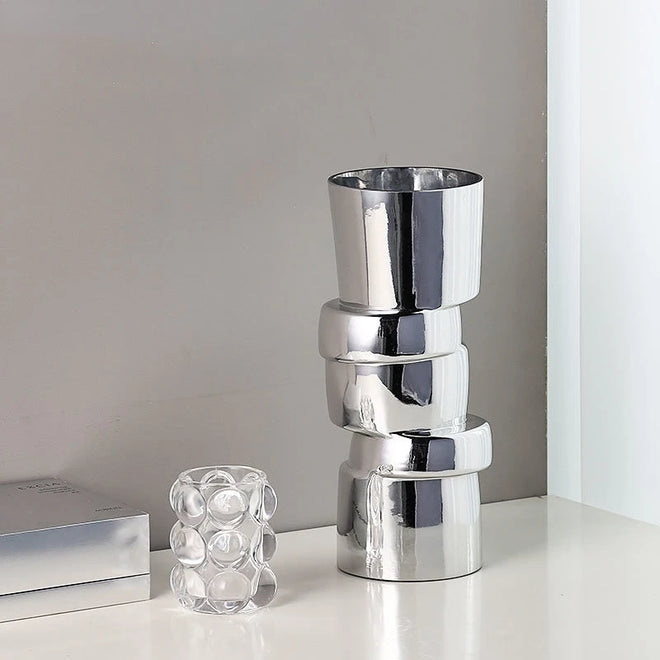 Displaced Stacked Round Silver Glass Geometric Vase - The Finishing Touch Decor
