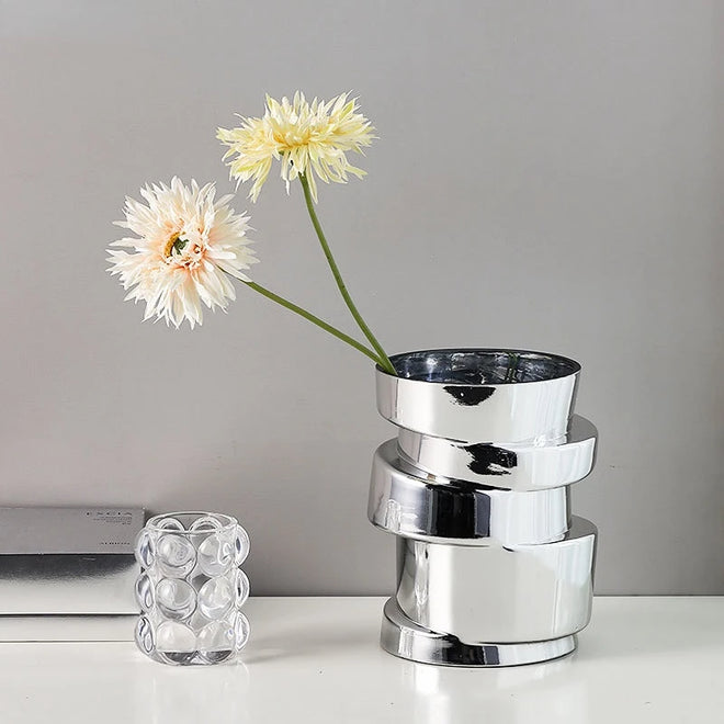 Displaced Stacked Round Silver Glass Geometric Vase - The Finishing Touch Decor