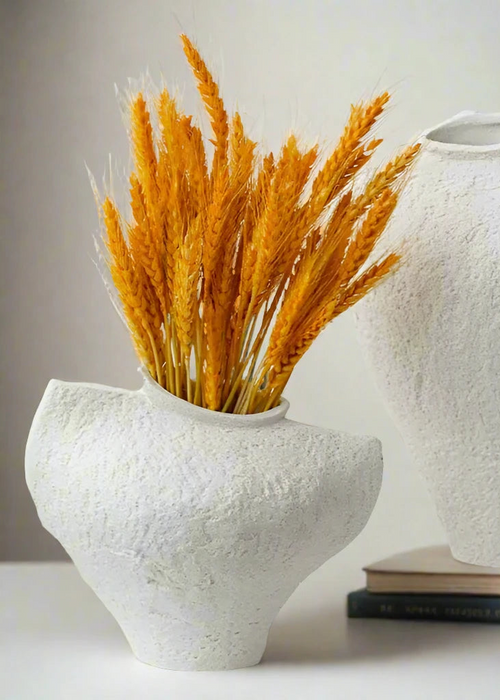 Irregular white ceramic decorative vase with minimalist textured design, by The Finishing Touch Decor, LLC.