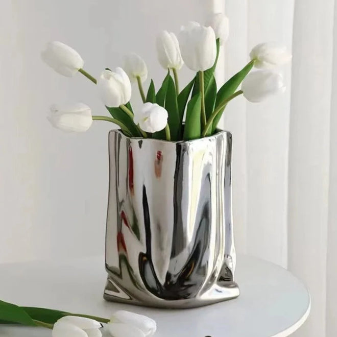 Silver Ruffled Ceramic Porcelain Flower Vase - The Finishing Touch Decor