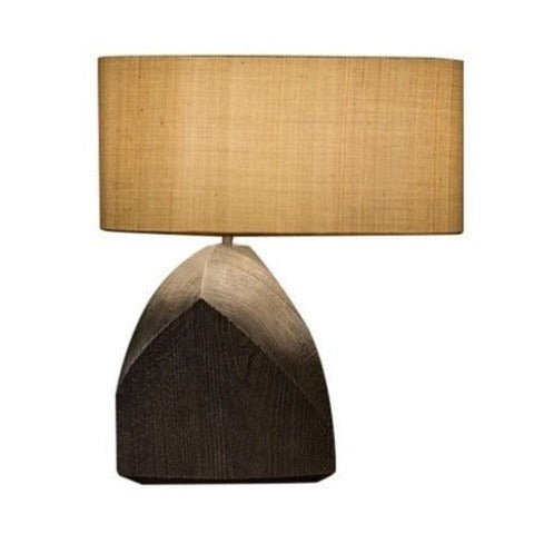 Dark Japandi woodgrain resin table lamp with minimalist design, featuring a button switch and natural wood-style finish.